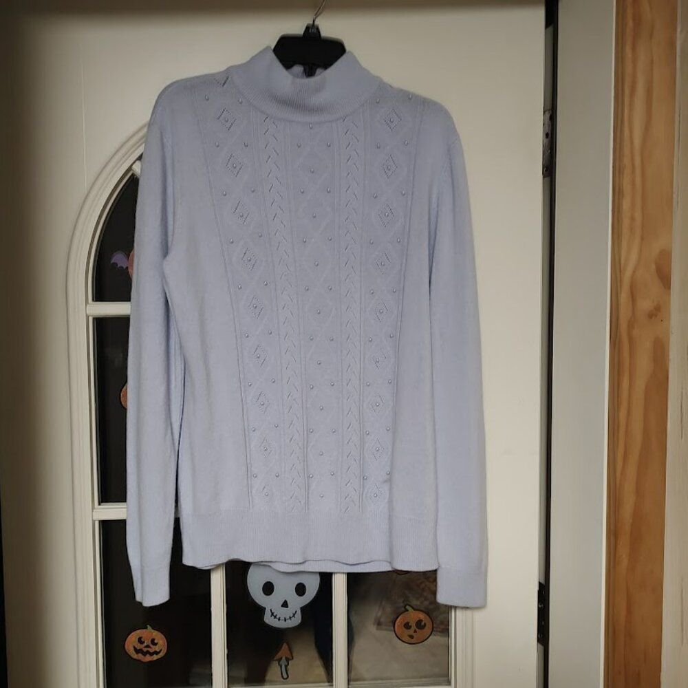 Basic Editions Light Blue White Pearls Lightweight Sweater Size Women's XL